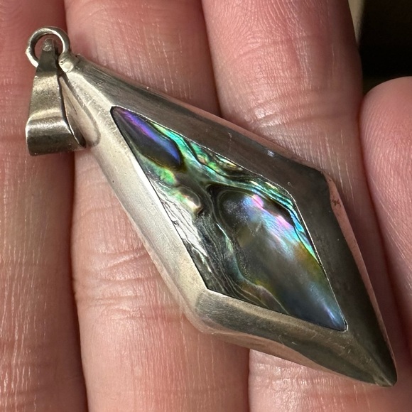 Vintage Abalone Shell Inlay & 925 Sterling Silver Pendant in Diamond Shape EUC - Picture 7 of 7
